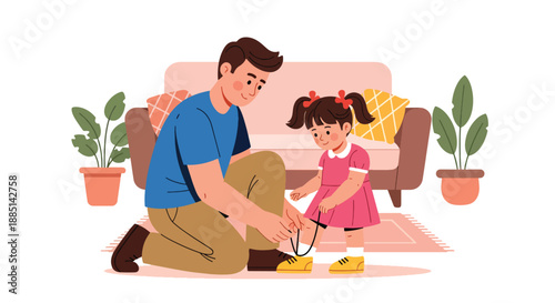 Vector illustration of a father helping his daughter tie her shoelaces, highlighting learning life skills and supportive parenting in a clean flat vector scene