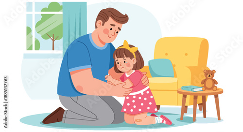 Vector illustration of a dad comforting his daughter after a minor fall, showing emotional support, care, and strong family connection in flat vector art