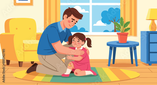 Vector illustration of a dad comforting his daughter after a minor fall, showing emotional support, care, and strong family connection in flat vector art