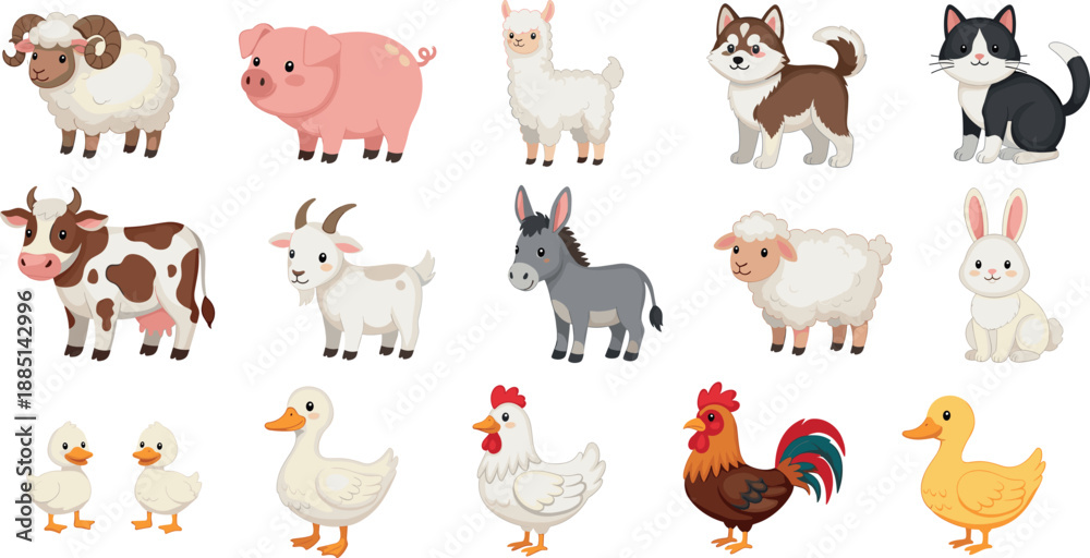 Fototapeta premium Cute farm animals vector illustration set with cow pig sheep goat donkey horse chicken duck and rabbit