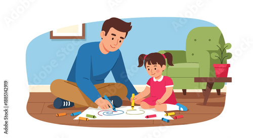 Vector illustration of a father teaching his daughter how to draw with crayons, expressing creativity, encouragement, and joyful bonding in flat vector style