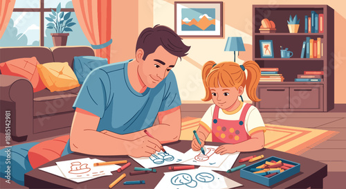 Vector illustration of a father teaching his daughter how to draw with crayons, expressing creativity, encouragement, and joyful bonding in flat vector style