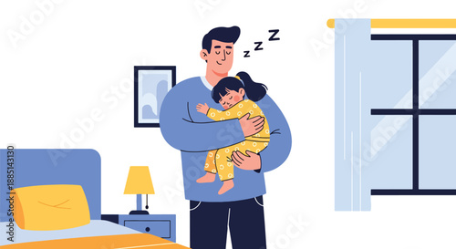 Vector illustration of a dad carrying his sleepy daughter, expressing tenderness, protection, and loving family care in a calm flat vector scene