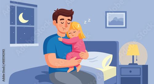 Vector illustration of a dad carrying his sleepy daughter, expressing tenderness, protection, and loving family care in a calm flat vector scene