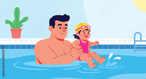 Vector illustration of a dad teaching his daughter to swim, highlighting safety, encouragement, and active family bonding in flat vector illustration style