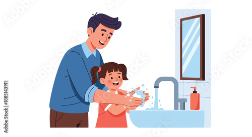 Vector illustration of a father teaching his daughter to wash hands properly, promoting hygiene awareness and healthy family habits in flat vector style