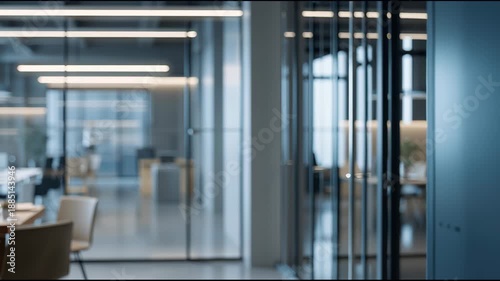 Modern glass office corridor with meeting room and soft led lighting as the camera slowly dollies forward, showcasing corporate interior design, reflections, and quiet professional atmosphere