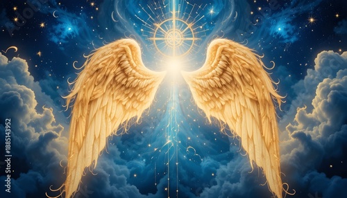 Abstract angelic mystical spiritual blue background with stars, clouds, and magical aura