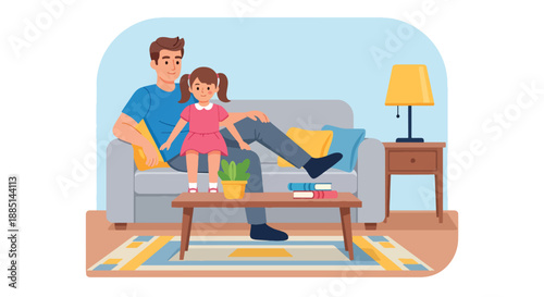 Vector illustration of a dad and daughter relaxing together on a sofa, showing peaceful family bonding and warm everyday life in flat modern vector art