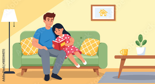 Vector illustration of a dad and daughter relaxing together on a sofa, showing peaceful family bonding and warm everyday life in flat modern vector art