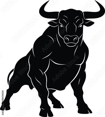 A cute cartoon illustration of a black horned bull and dairy cow mammal isolated on a white background as a farm animal vector for agriculture and livestock art