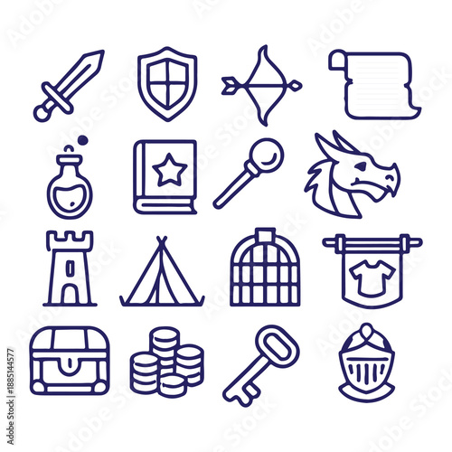 Medieval Fantasy RPG Line Icons Set with Sword Shield Castle and Magic Symbols