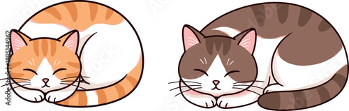Cute sleeping cats vector illustration with orange tabby and brown mackerel kittens isolated on white background