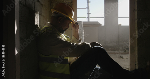 Bild auf Leinwand Construction site, thinking or man with safety, sad or overwhelmed with maintenance
