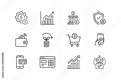 Modern Fintech and Digital Banking Thin Line Icon Set featuring Blockchain, Digital Wallet, and Online Payment Elements