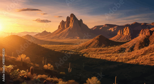 Majestic desert mountain range illuminated by a brilliant golden sunset casting long shadows across the cactus-covered rolling landscape