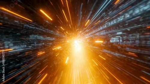 Orange and yellow light streaks bursting from central point with city lights blurred in background