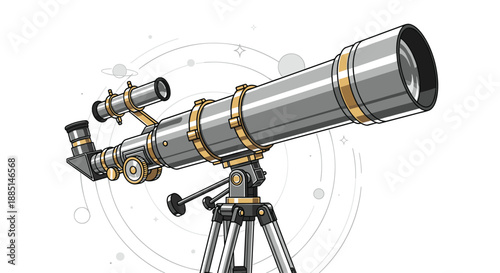 Large silver astronomical telescope on a sturdy tripod is aimed at a background of orbiting planets and celestial bodies in space.