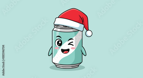 Winking soda can character wearing a red and white santa hat celebrates the festive holiday season with a joyous and happy expression.