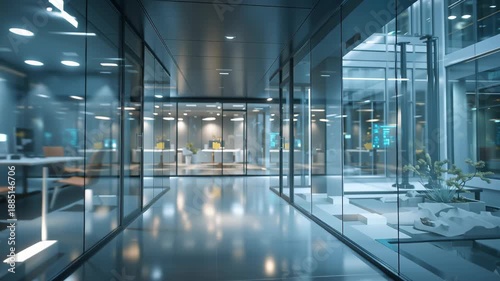 Futuristic glass corridor with city reflections and blue lighting as the camera tracks forward, creating sleek corporate atmosphere, mirrored surfaces, depth and dynamic motion blur at night time