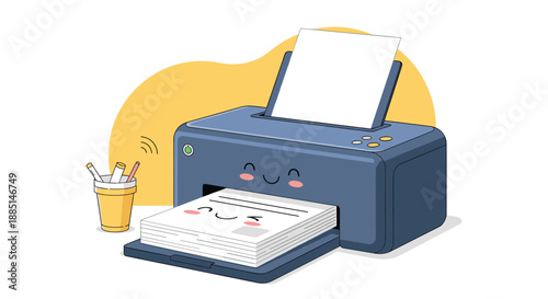 Cute blue desktop printer character with a smiling face prints documents that also feature happy expressions for a positive office theme.