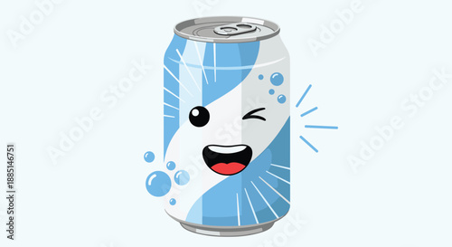 Smiling blue and white soda can character winks and is surrounded by floating bubbles and energy lines on a soft blue background.