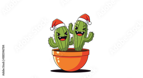 Two cute cactus characters in an orange pot wear festive red santa hats and share a happy and excited expression for the holidays.