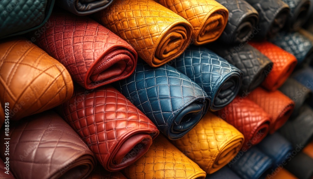 Naklejka premium Colorful rolled leather samples with diamond stitch pattern texture background. Use this material for fashion, furniture, craft, or textile design projects.