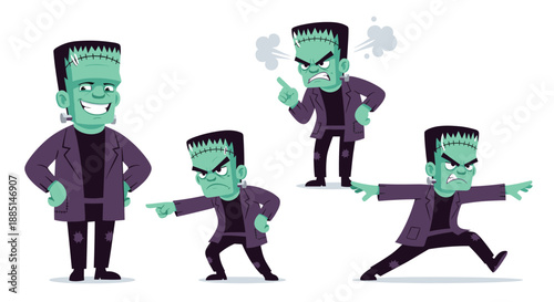 Collection of green frankenstein monster character poses showing various emotions like happy angry pointing and running for halloween fun.