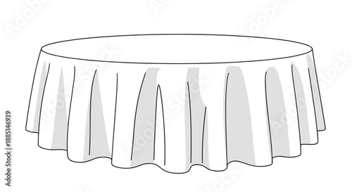 Round dining table covered with a long white flowing tablecloth showing elegant fabric folds isolated on a clean professional background.