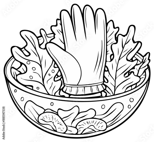 Outlined salad with nuts, leafy greens and a glove for a quirky illustration