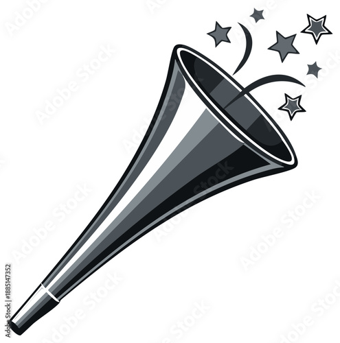 Celebration horn blasting stars and sound waves graphic illustration