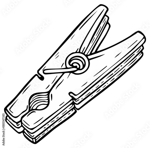 Detailed drawing of a classic wooden clothes pin with spring mechanism, black and white illustration