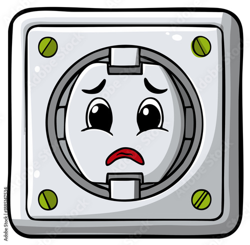 Sad cartoon electrical wall socket character with a worried facial expression
