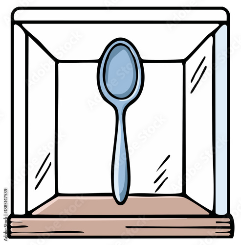 Whimsical Spoon Display: Single Silver Spoon in a Minimalist Case with Light Wood Base and Reflective Glass Sides