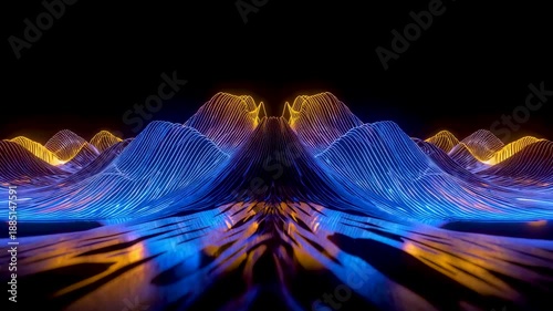 Colorful abstract landscape of flowing blue and orange light waves forming mirrored shapes