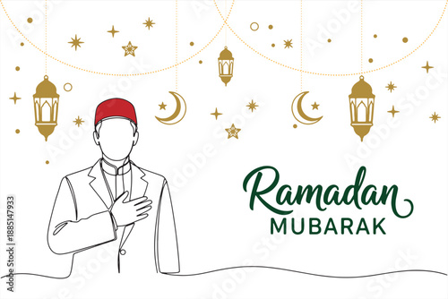 Line art drawing of a Muslim man in a fezz cap offering a respectful greeting during the holy month of Ramadan Mubarak celebrations.