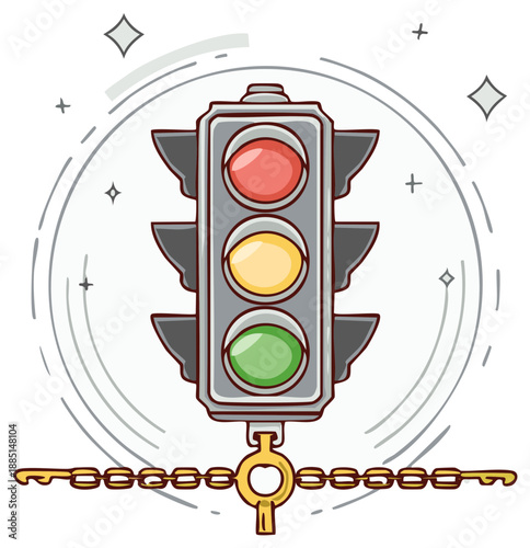 Traffic Signal Light with Red Yellow Green Lights and Chain Detail in a Circular Pattern