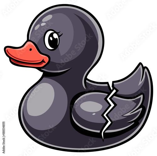 Cartoon illustration of a black rubber duck with a cracked body and orange beak
