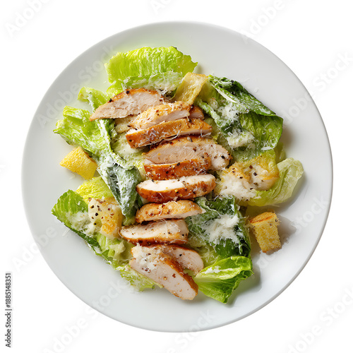 Chicken caesar salad on white plate top view