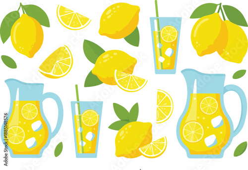 A refreshing vector collection of yellow lemons, slices, leaves, pitchers, and glasses filled with iced lemonade and mint, symbolizing summer, healthy drinks, and fresh citrus concepts