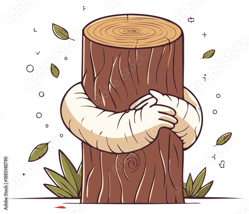 A friendly cartoon hug embracing a sturdy tree trunk with falling leaves around it