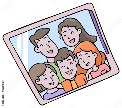 Joyful cartoon family of five smiling and taking a happy group selfie portrait on a digital device.