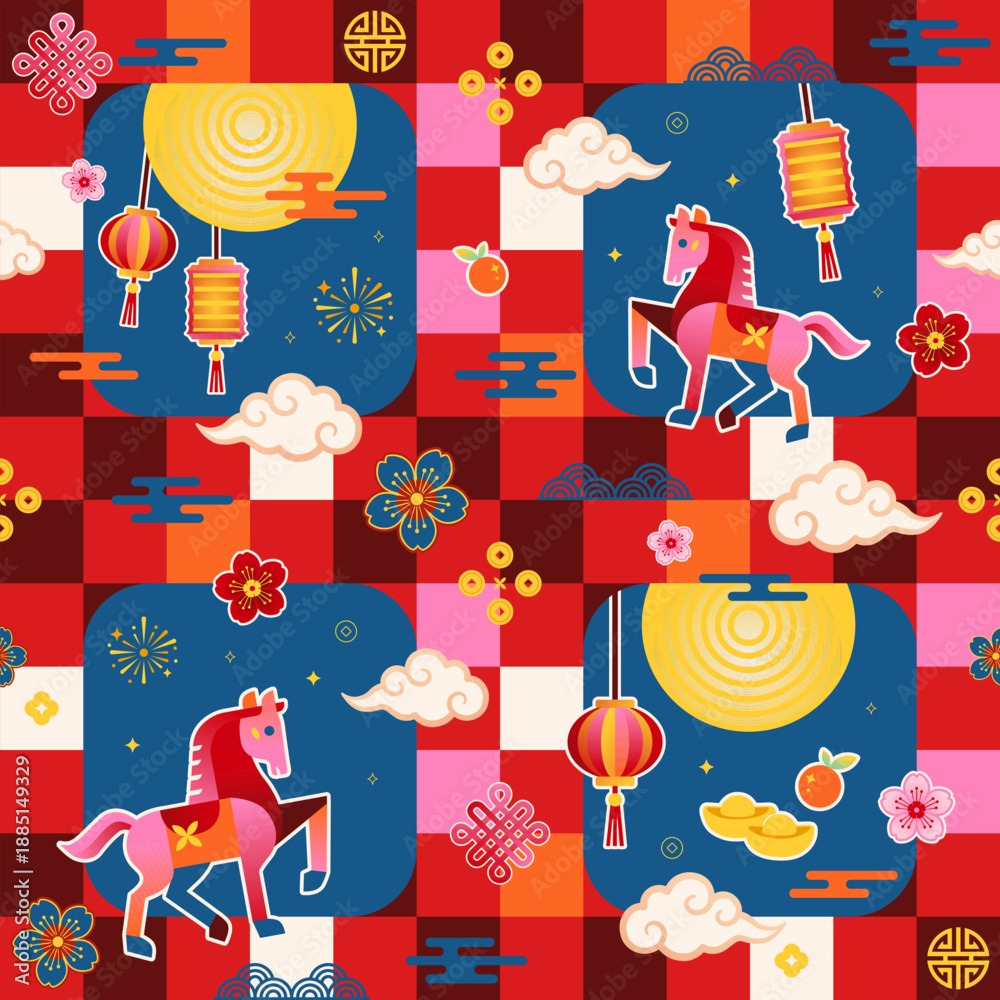 Fototapeta premium Chinese New Year Seamless Pattern with Zodiac Horse, Lantern, Moon and Festive Icons Vector