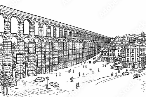 Aqueduct of Segovia: A straight-on view of the double-tiered Roman aqueduct arches. Heavy black structural lines, white background