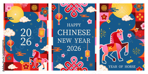 Chinese New Year 2026 Year of the Horse Poster and Greeting Card Set – Modern Geometric Vector Illustration, EPS File