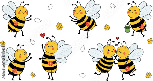 Cute honeybee vector illustration set featuring happy smiling bees with flowers and hearts isolated on white background