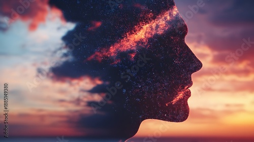 Silhouette of a person's head with a fiery sunset in the background, with glowing particles representing the mind or soul.