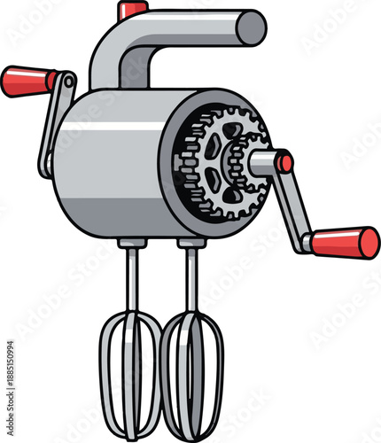 A vintage hand-cranked egg beater with red handles and metal whisks, illustrated in a classic style