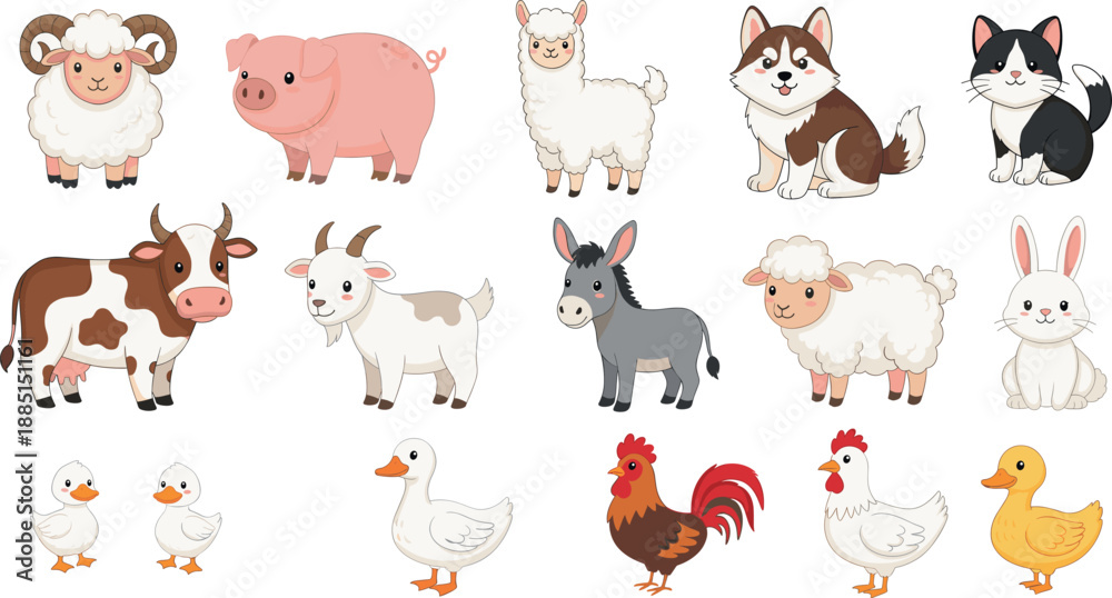 Naklejka premium Cute farm animals vector illustration set with cow pig sheep goat donkey horse chicken duck and rabbit characters